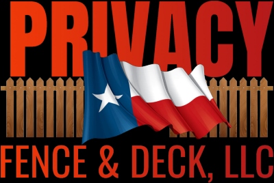 Privacy fence and deck text with wooden fence and Texas flag